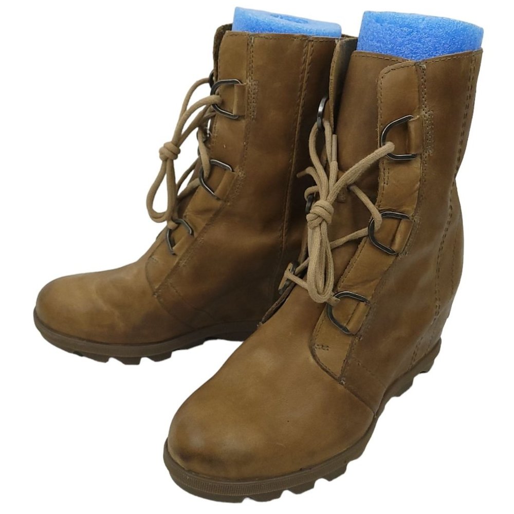 Sorel Brown Leather Lace-Up Wedge Ankle Boots